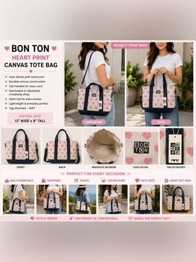 Bon Ton Heart Print Canvas Tote Bag Pink Hearts Crossbody Shoulder Bag NWT